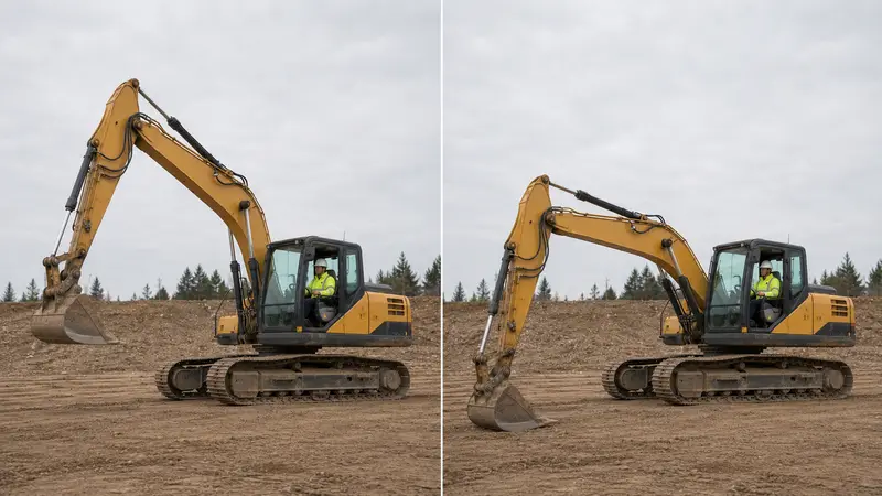 An excavator completes a normal and a slow boom lift cycle.