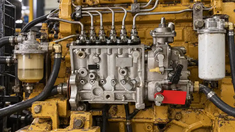 Fuel filters, supply hoses, and fuel pump installed on a heavy-equipment diesel engine.